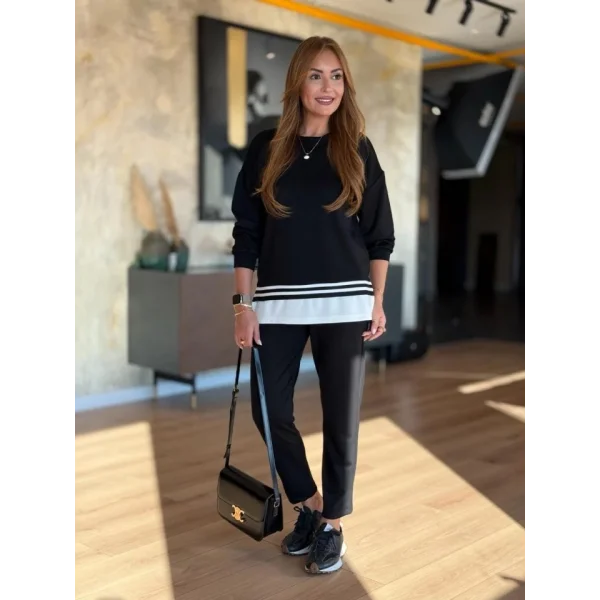 Kadın Uzun Kollu Bisiklet Yaka Ribana Detay Sweat Ve Pantolon Ikili Takım