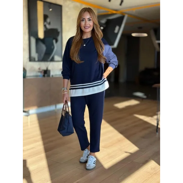 Kadın Uzun Kollu Bisiklet Yaka Ribana Detay Sweat Ve Pantolon Ikili Takım