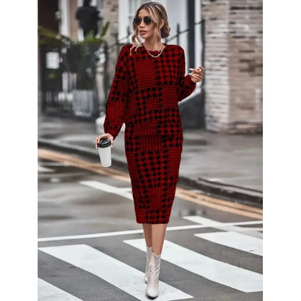 Kadın Uzun Kollu Bisiklet Yaka şardonlu Dalgıç Bluz Ve Yırtmaçlı Midi Etek Takım