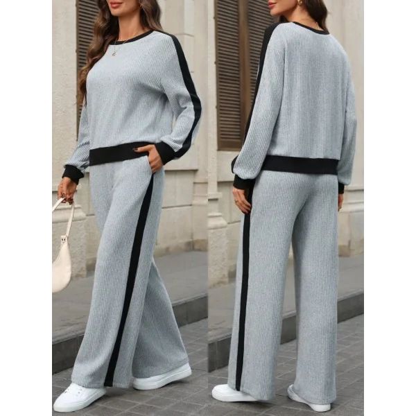 Kadın Uzun Kollu Bisiklet Yaka şardonlu Kaşkorse Bluz Ve Pantolon Ikili Takım