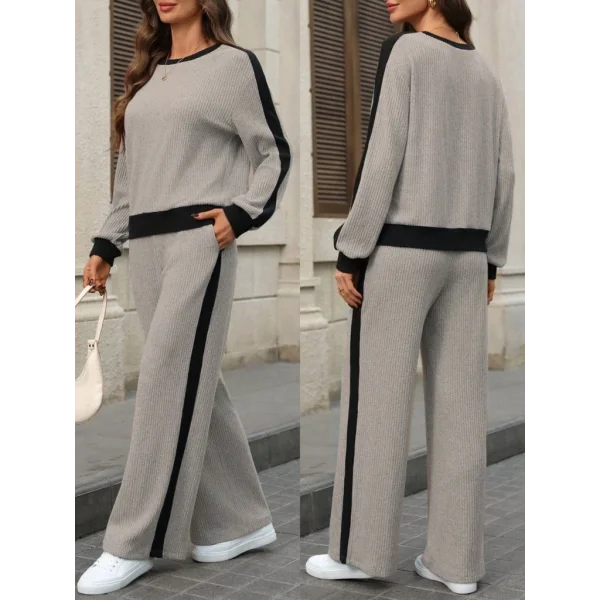 Kadın Uzun Kollu Bisiklet Yaka şardonlu Kaşkorse Bluz Ve Pantolon Ikili Takım