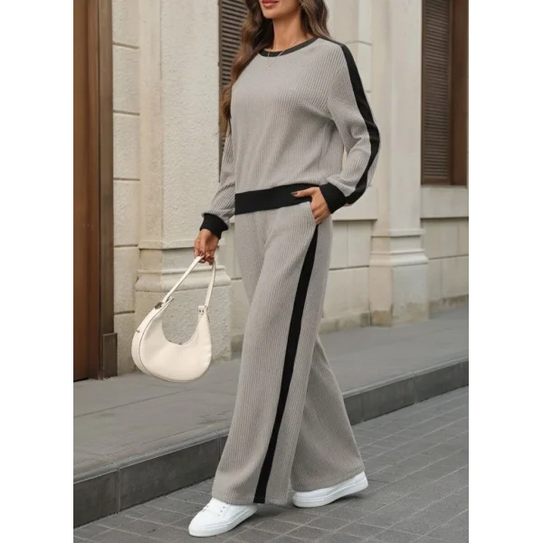 Kadın Uzun Kollu Bisiklet Yaka şardonlu Kaşkorse Bluz Ve Pantolon Ikili Takım