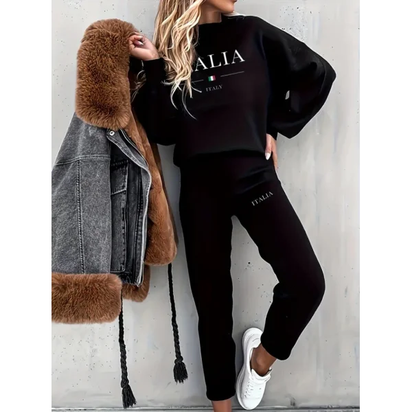 Kadın Uzun Kollu Bisiklet Yaka şardonlu üç Iplik Bluz Ve Pantolon Ikili Takım