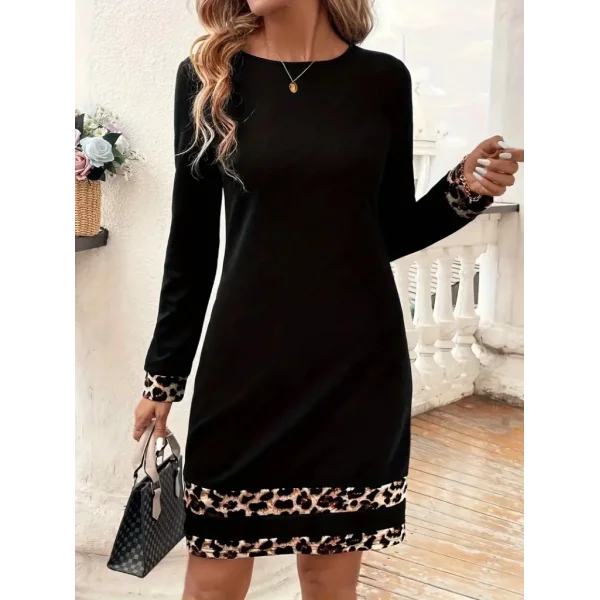 Kadın Uzun Kollu Bisiklet Yaka şerit Leopar Desenli Dalgıç Elbise