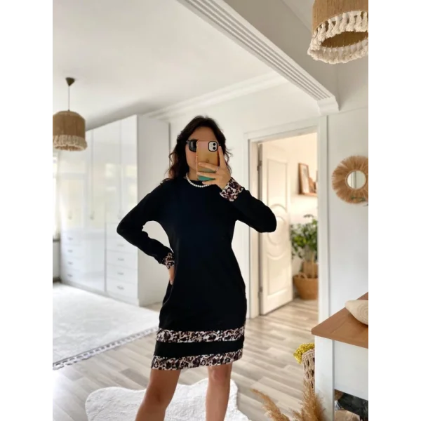 Kadın Uzun Kollu Bisiklet Yaka şerit Leopar Desenli Dalgıç Elbise