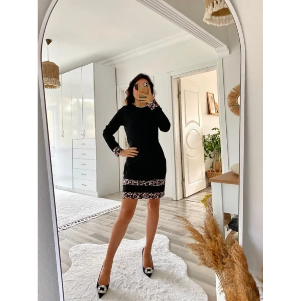 Kadın Uzun Kollu Bisiklet Yaka şerit Leopar Desenli Kısa Dalgıç Elbise