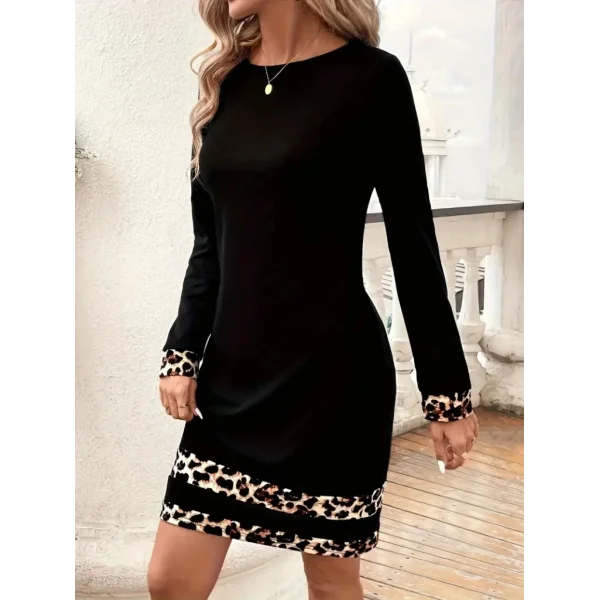 Kadın Uzun Kollu Bisiklet Yaka şerit Leopar Desenli Kısa Dalgıç Elbise