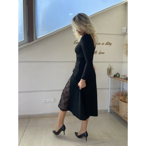 Kadın Uzun Kollu Bisiklet Yaka Sırt Dekolteli Dantel Yırtmaçlı Uzun Krep Elbise