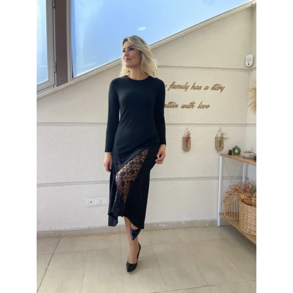 Kadın Uzun Kollu Bisiklet Yaka Sırt Dekolteli Dantel Yırtmaçlı Uzun Krep Elbise