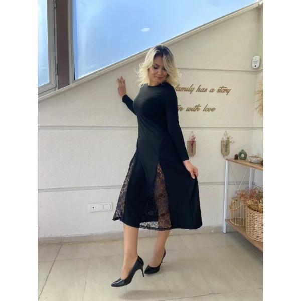 Kadın Uzun Kollu Bisiklet Yaka Sırt Dekolteli Dantel Yırtmaçlı Uzun Krep Elbise