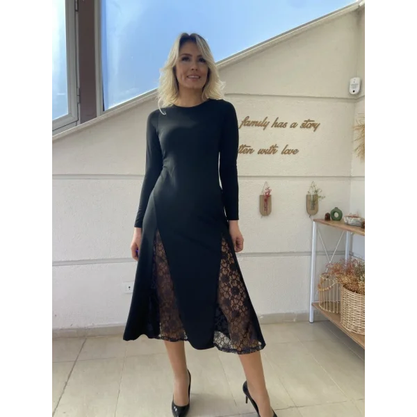 Kadın Uzun Kollu Bisiklet Yaka Sırt Dekolteli Dantel Yırtmaçlı Uzun Krep Elbise