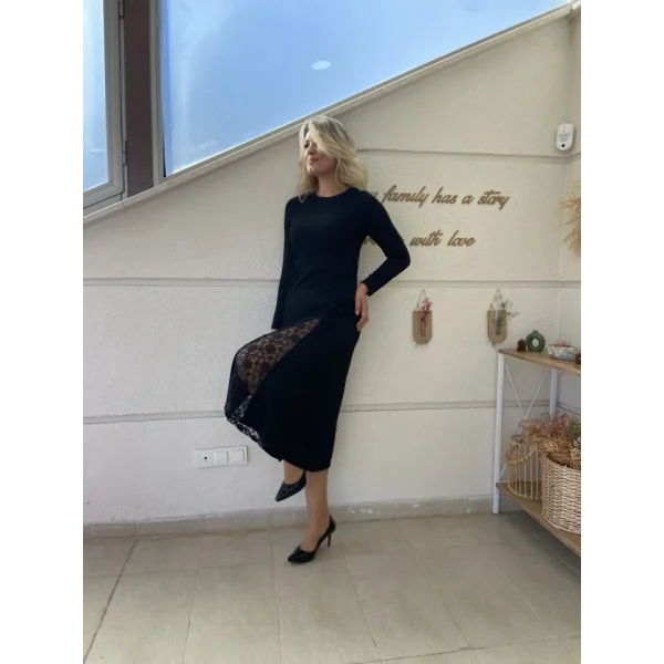 Kadın Uzun Kollu Bisiklet Yaka Sırt Dekolteli Dantel Yırtmaçlı Uzun Krep Elbise