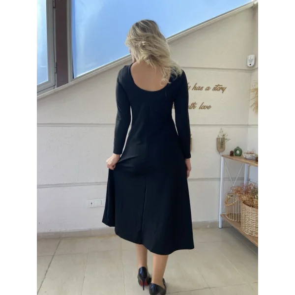 Kadın Uzun Kollu Bisiklet Yaka Sırt Dekolteli Dantel Yırtmaçlı Uzun Krep Elbise