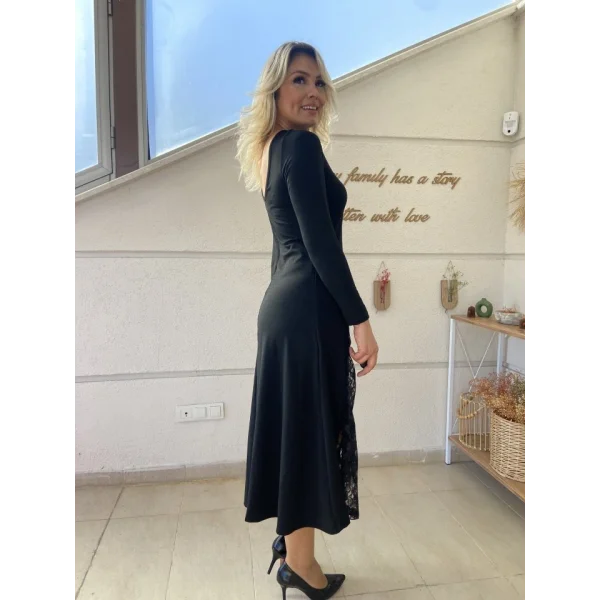 Kadın Uzun Kollu Bisiklet Yaka Sırt Dekolteli Dantel Yırtmaçlı Uzun Krep Elbise