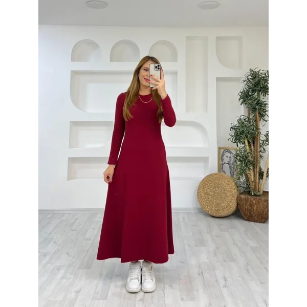 Kadın Uzun Kollu Bisiklet Yaka Size Kadar Yırtmaç Detay Maxi Boy Elbise