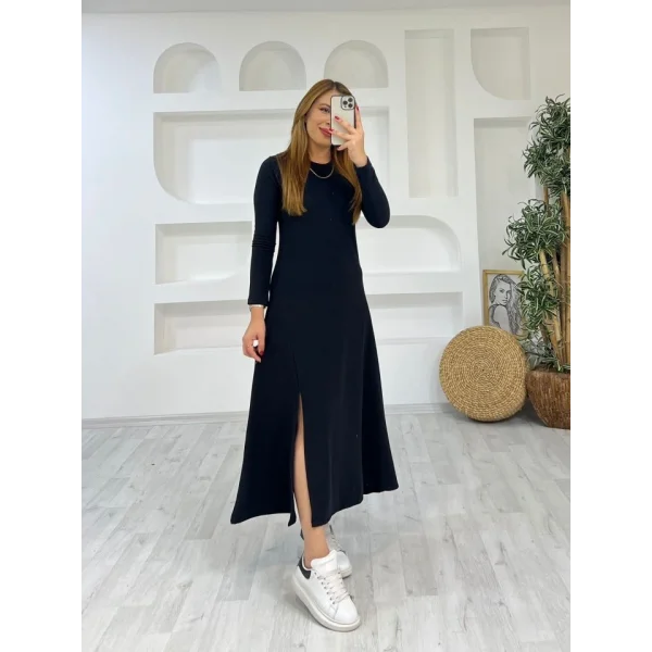 Kadın Uzun Kollu Bisiklet Yaka Size Kadar Yırtmaç Detay Maxi Boy Elbise