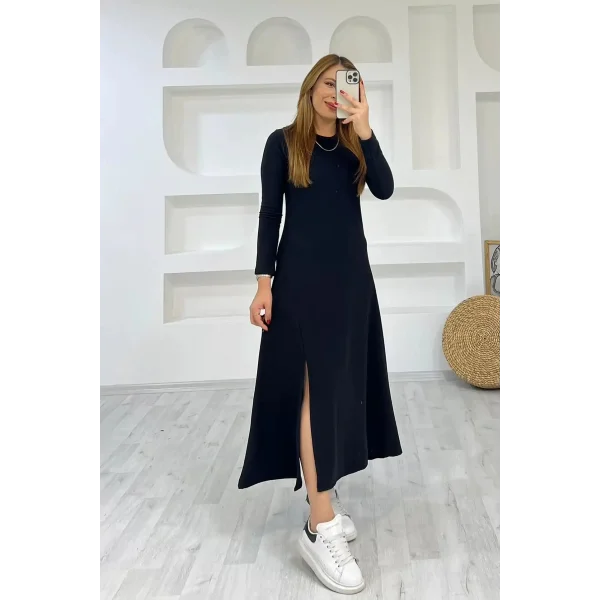 Kadın Uzun Kollu Bisiklet Yaka Size Kadar Yırtmaç Detay Maxi Boy Elbise