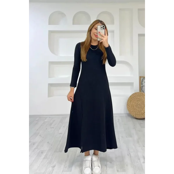 Kadın Uzun Kollu Bisiklet Yaka Size Kadar Yırtmaç Detay Maxi Boy Elbise