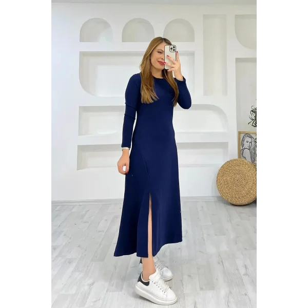 Kadın Uzun Kollu Bisiklet Yaka Size Kadar Yırtmaç Detay Maxi Boy Elbise