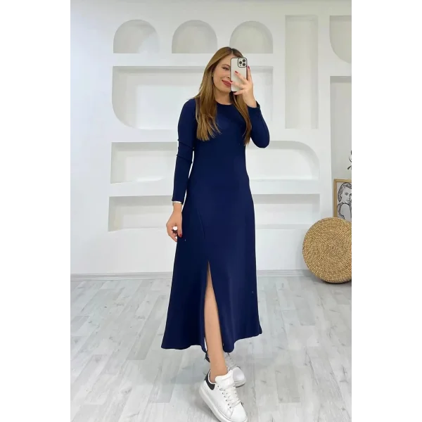 Kadın Uzun Kollu Bisiklet Yaka Size Kadar Yırtmaç Detay Maxi Boy Elbise