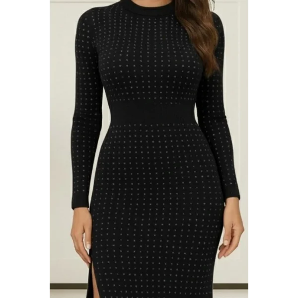 Kadın Uzun Kollu Bisiklet Yaka Taşlı Midi Kadife Elbise