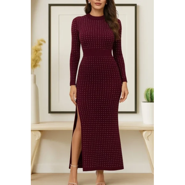 Kadın Uzun Kollu Bisiklet Yaka Taşlı Midi Kadife Elbise