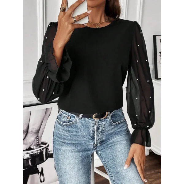 Kadın Uzun Kollu Bisiklet Yaka Tül Detaylı Incili Ithal Krep Bluz