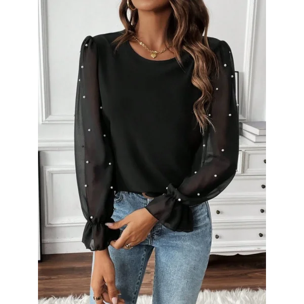 Kadın Uzun Kollu Bisiklet Yaka Tül Detaylı Incili Ithal Krep Bluz