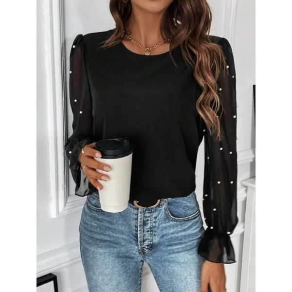 Kadın Uzun Kollu Bisiklet Yaka Tül Detaylı Incili Ithal Krep Bluz