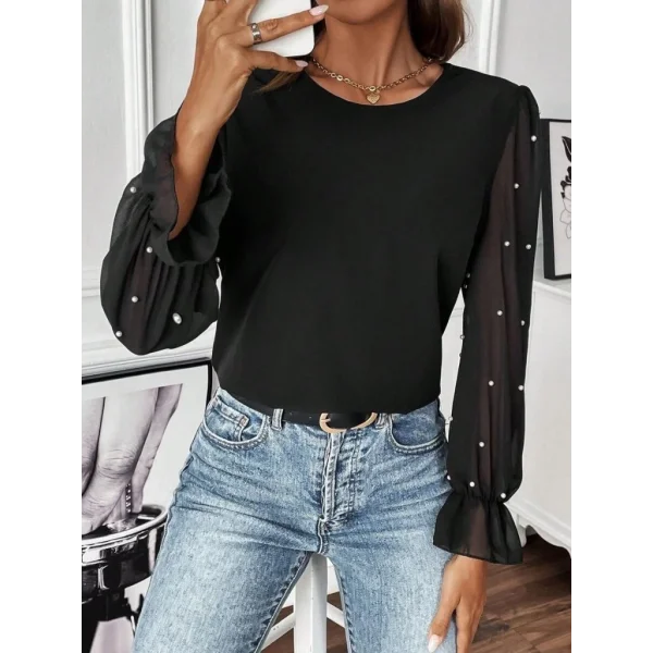 Kadın Uzun Kollu Bisiklet Yaka Tül Detaylı Incili Ithal Krep Bluz