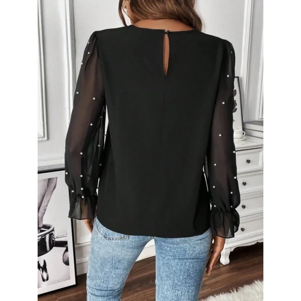 Kadın Uzun Kollu Bisiklet Yaka Tül Detaylı Incili Ithal Krep Bluz