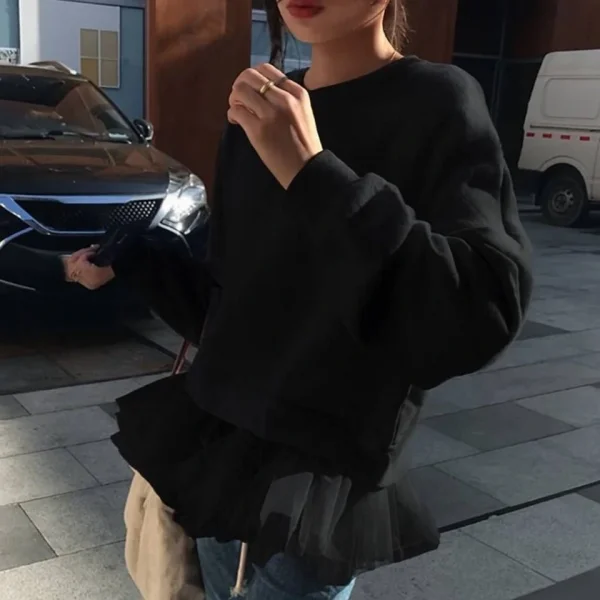 Kadın Uzun Kollu Bisiklet Yaka Tül Volan Detay üç Iplik Sweat