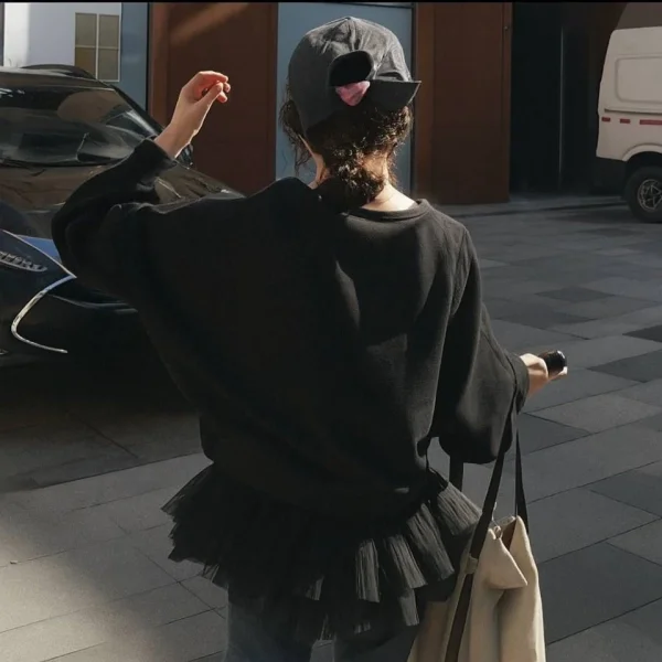 Kadın Uzun Kollu Bisiklet Yaka Tül Volan Detay üç Iplik Sweat