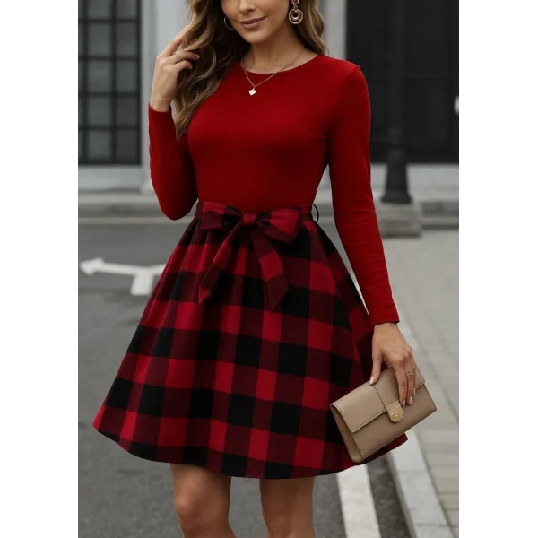 Kadın Uzun Kollu Bisiklet Yaka üst Viskon Alt Ekose Kısa Elbise