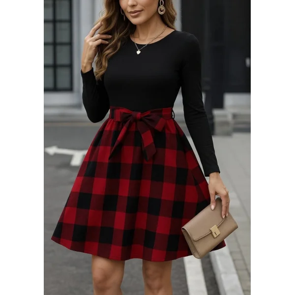 Kadın Uzun Kollu Bisiklet Yaka üst Viskon Alt Ekose Kısa Elbise