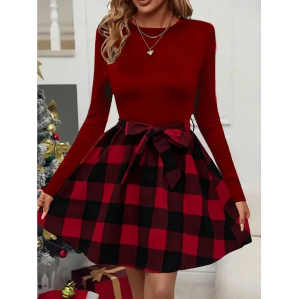 Kadın Uzun Kollu Bisiklet Yaka üst Viskon Alt Ekose Kısa Elbise