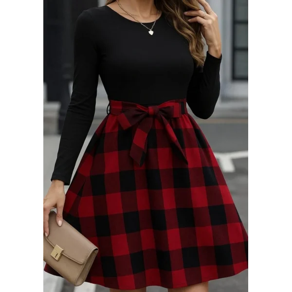 Kadın Uzun Kollu Bisiklet Yaka üst Viskon Alt Ekose Kısa Elbise