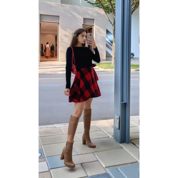 Kadın Uzun Kollu Bisiklet Yaka üst Viskon Alt Ekose Kısa Elbise