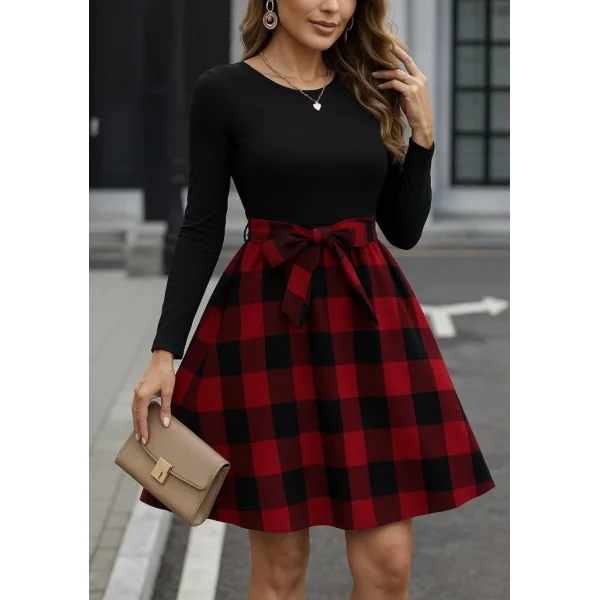 Kadın Uzun Kollu Bisiklet Yaka üst Viskon Alt Ekose Kısa Elbise