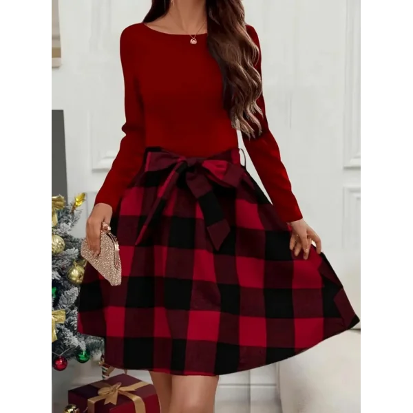 Kadın Uzun Kollu Bisiklet Yaka üst Viskon Alt Ekose Kısa Elbise