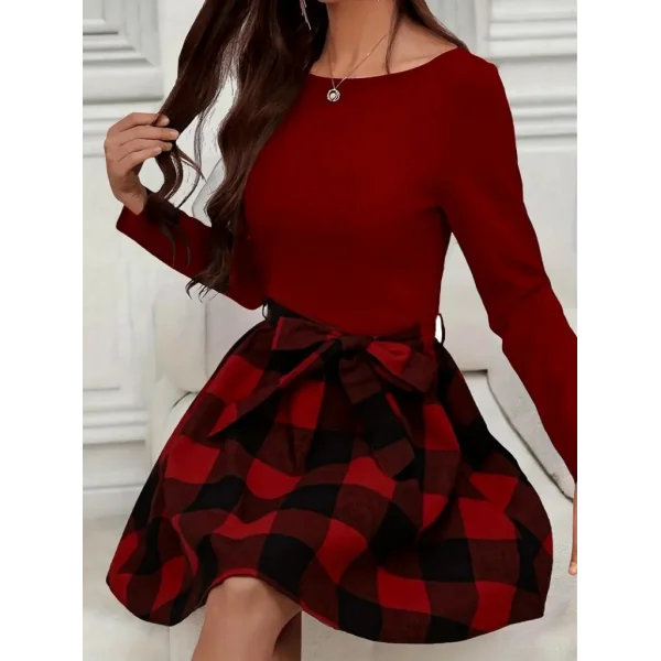 Kadın Uzun Kollu Bisiklet Yaka üst Viskon Alt Ekose Kısa Elbise