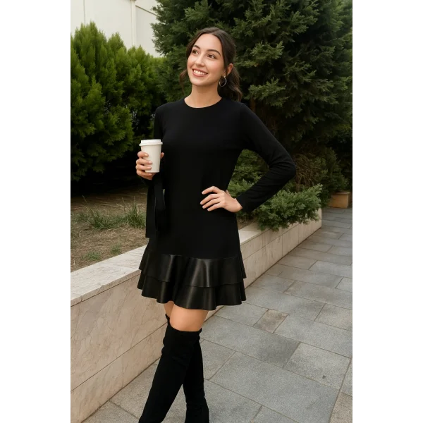 Kadın Uzun Kollu Bisiklet Yaka üst Viskon Etek Ucu Deri Kısa Elbise