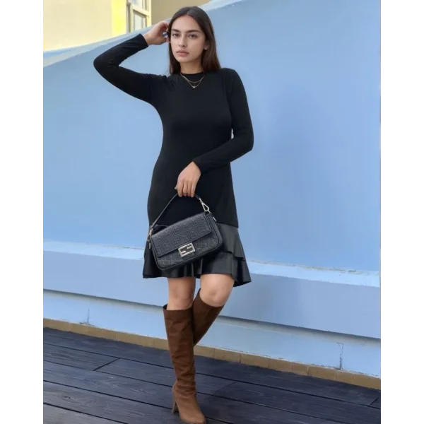 Kadın Uzun Kollu Bisiklet Yaka üst Viskon Etek Ucu Deri Kısa Elbise