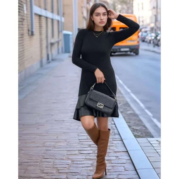 Kadın Uzun Kollu Bisiklet Yaka üst Viskon Etek Ucu Deri Kısa Elbise