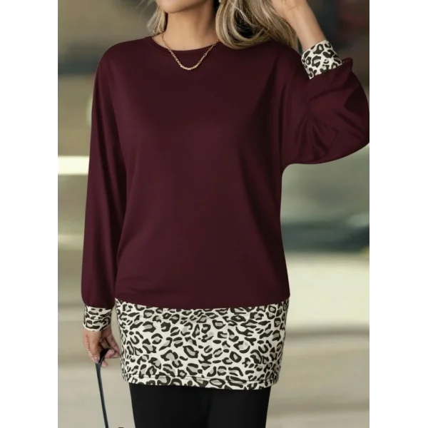 Kadın Uzun Kollu Bisiklet Yaka üst Viskon Iki Iplik Alt Leopar Desenli Mini Elbise