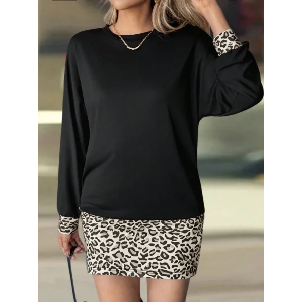 Kadın Uzun Kollu Bisiklet Yaka üst Viskon Iki Iplik Alt Leopar Desenli Mini Elbise