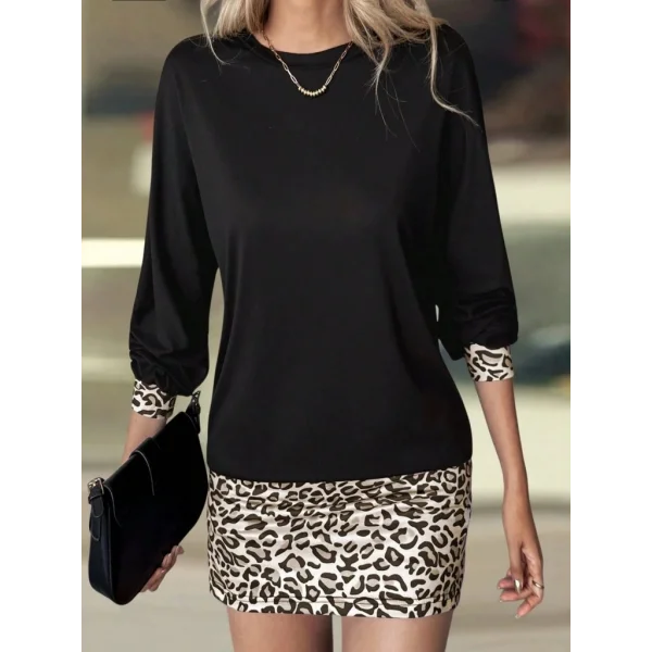 Kadın Uzun Kollu Bisiklet Yaka üst Viskon Iki Iplik Alt Leopar Desenli Mini Elbise