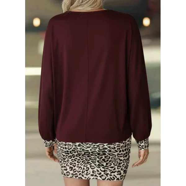 Kadın Uzun Kollu Bisiklet Yaka üst Viskon Iki Iplik Alt Leopar Desenli Mini Elbise