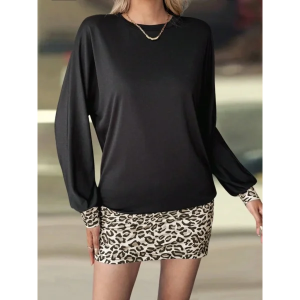 Kadın Uzun Kollu Bisiklet Yaka üst Viskon Iki Iplik Alt Leopar Desenli Mini Elbise