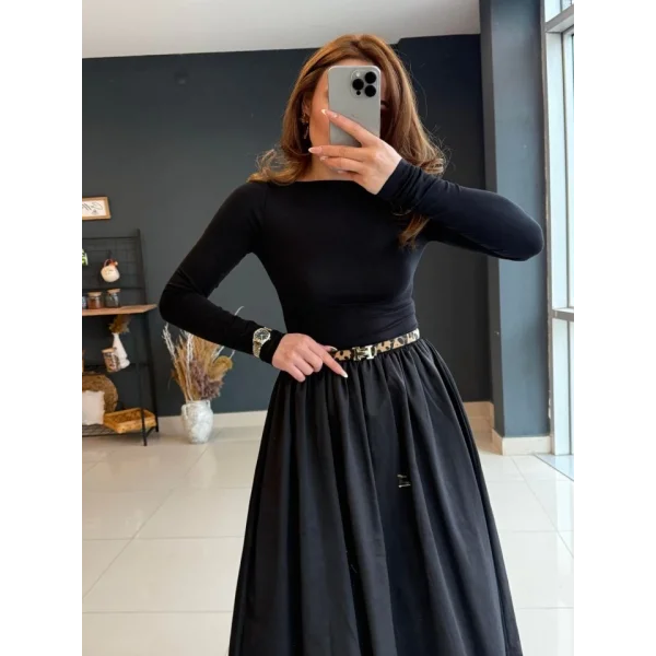 Kadın Uzun Kollu Bisiklet Yaka Uzun üst Viskon Alt Trikoton Elbise